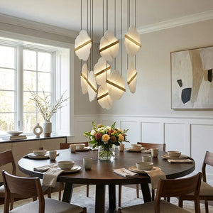 Cascading Alabaster Slab Chandelier - Elegant Dining Room White Wainscoting Round Wooden Table | HoaiLamp