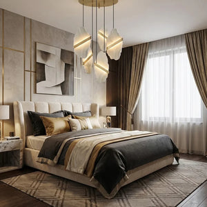 Cascading Alabaster Slab Chandelier - Luxury Master Bedroom Gold Black Bedding High Headboard | HoaiLamp
