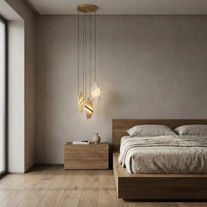 Cascading Alabaster Slab Chandelier - Minimalist Wabi Sabi Bedroom Concrete Wall Platform Bed | HoaiLamp