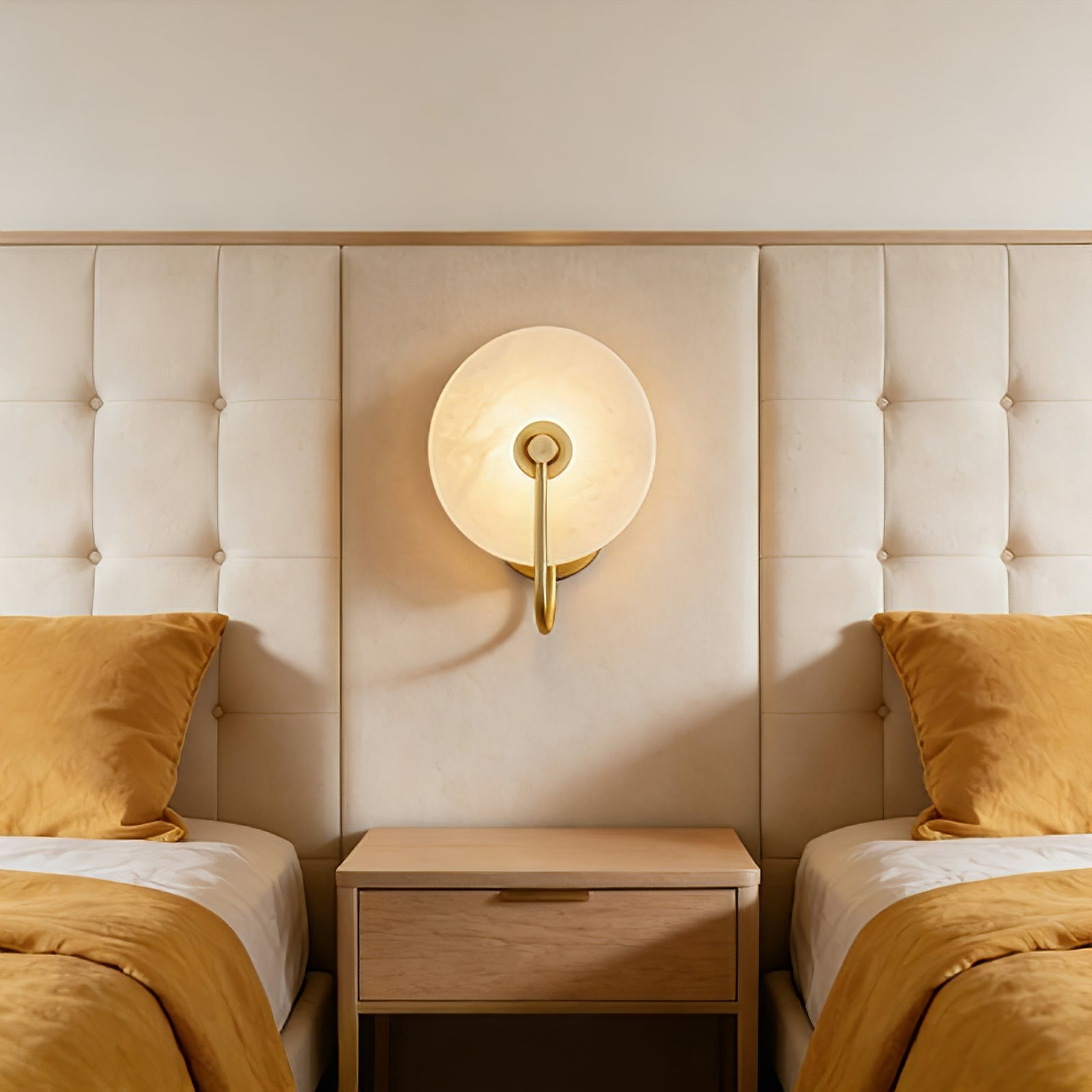 Celestial Round Alabaster Sconce - Symmetrical Twin Bed Headboard | HoaiLamp