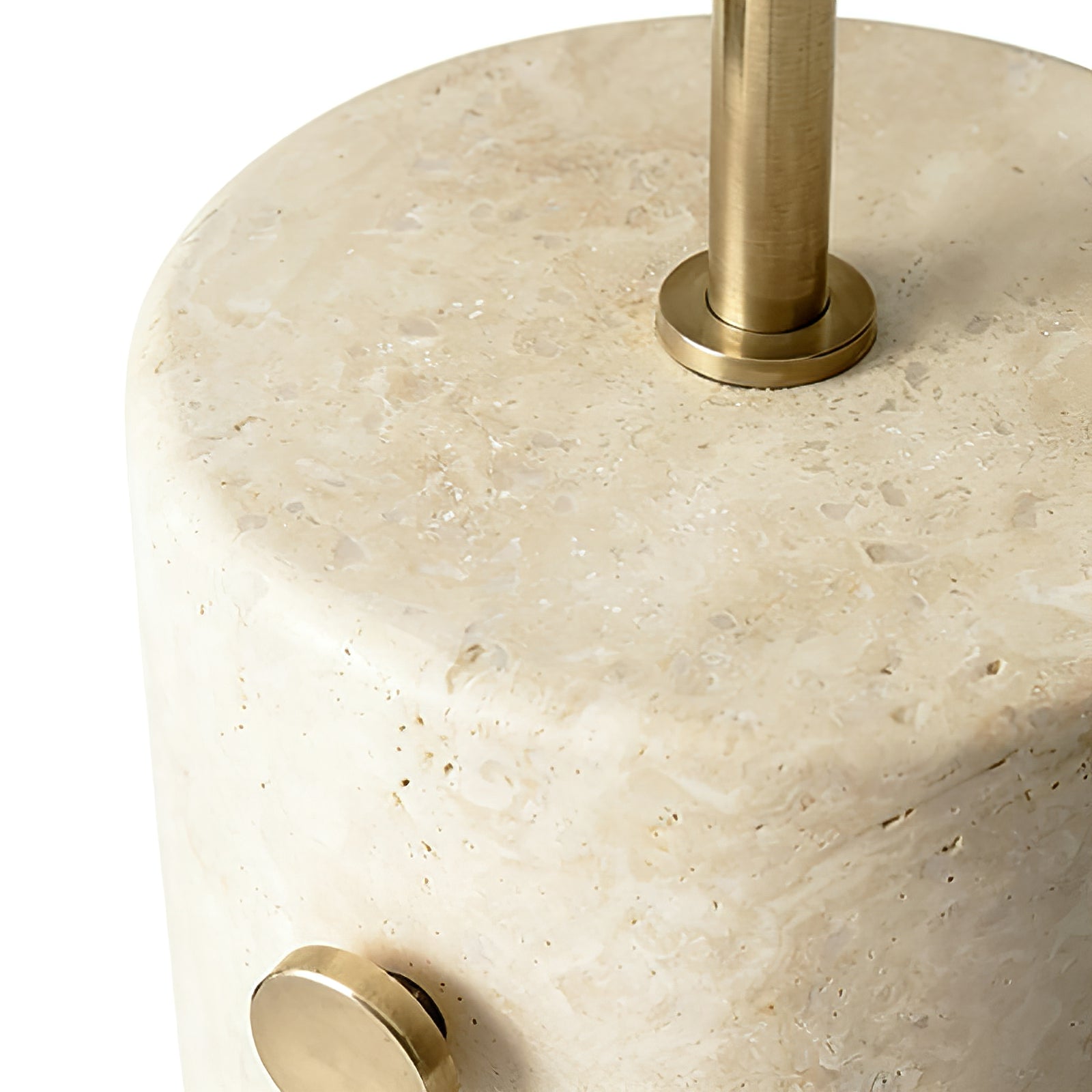 Chic Minimalist Round Marble Floor Light - Travertine Base & Brass Rotary Switch Macro | HoaiLamp