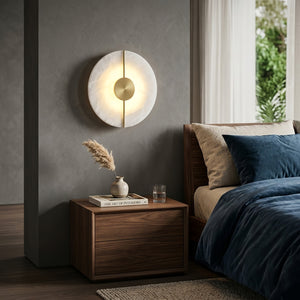 Circular Alabaster Wall Lamp With Brass Bar - Moody Midnight Blue Bedroom | HoaiLamp