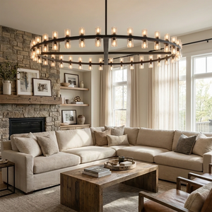 CrystalRay Linear Chandelier Series - Cozy Living Room Stone Fireplace Accent Wall | HoaiLamp