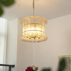 Curved Glass Slat Drum Wall Lamp - Close Up Hanging White Wall Blurred Foreground | HoaiLamp