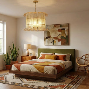 Curved Glass Slat Drum Wall Lamp - Cozy Bedroom Green Headboard Geometric Bedding | HoaiLamp