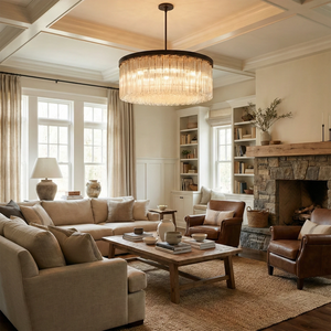Murano Star Glass Brass Pendant Light - Cozy Farmhouse Living Room Stone Fireplace Wooden Ceiling Beams | HoaiLamp