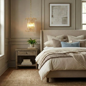 Curved Glass Slat Drum Wall Lamp - Elegant Beige Bedroom Tufted Headboard Molding Wall | HoaiLamp