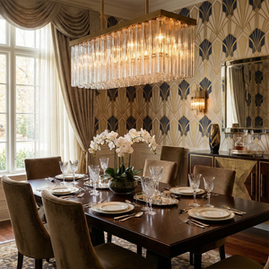 Murano Star Glass Brass Pendant Light - Formal Dining Room Patterned Wallpaper Long Dark Wood Table | HoaiLamp