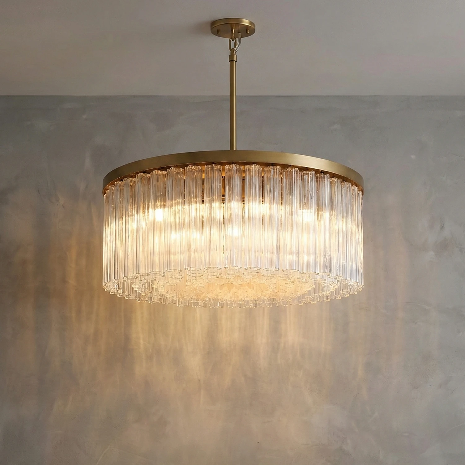 Murano Star Glass Brass Pendant Light - Studio Grey Concrete Backdrop Single Tier Round Drum Lit | HoaiLamp