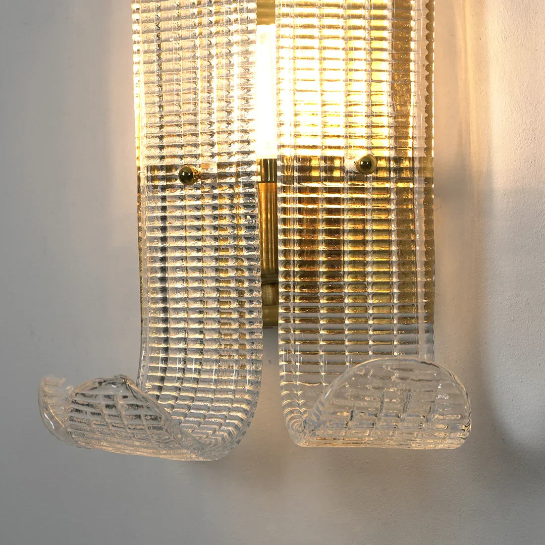 Curved Glass Slat Drum Wall Lamp - Close Up Upward Angle Curved Scroll Hooks Lit | HoaiLamp
