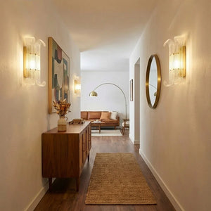 Curved Glass Slat Drum Wall Lamp - Long Hallway Corridor Wooden Credenza Runner Rug | HoaiLamp