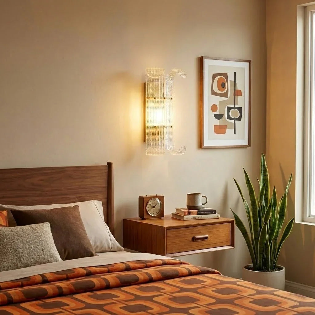 Curved Glass Slat Drum Wall Lamp - Mid Century Retro Bedroom Orange Geometric Bedding | HoaiLamp