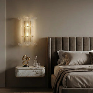 Curved Glass Slat Drum Wall Lamp - Modern Bedroom Grey Vertical Tufted Headboard | HoaiLamp
