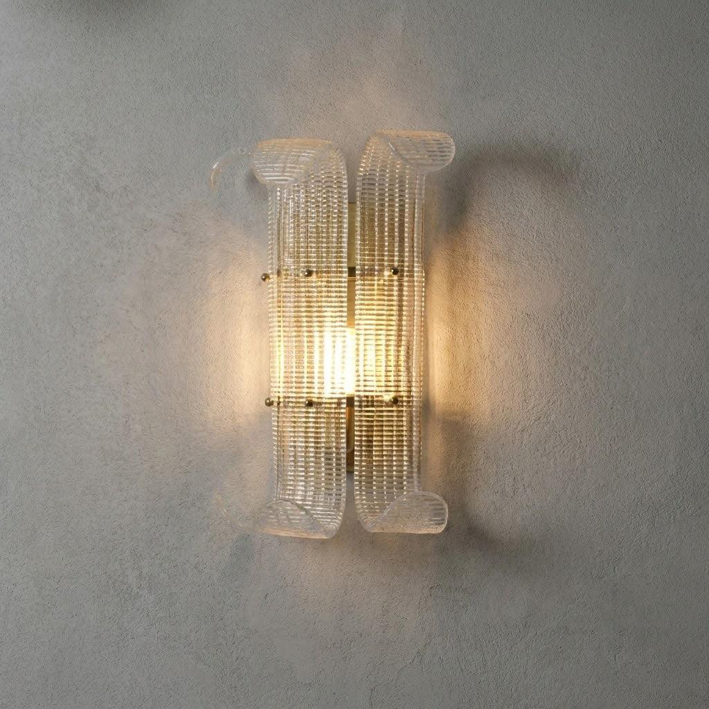 Curved Glass Slat Drum Wall Lamp - Studio Grey Concrete Backdrop Frontal View Lit | HoaiLamp
