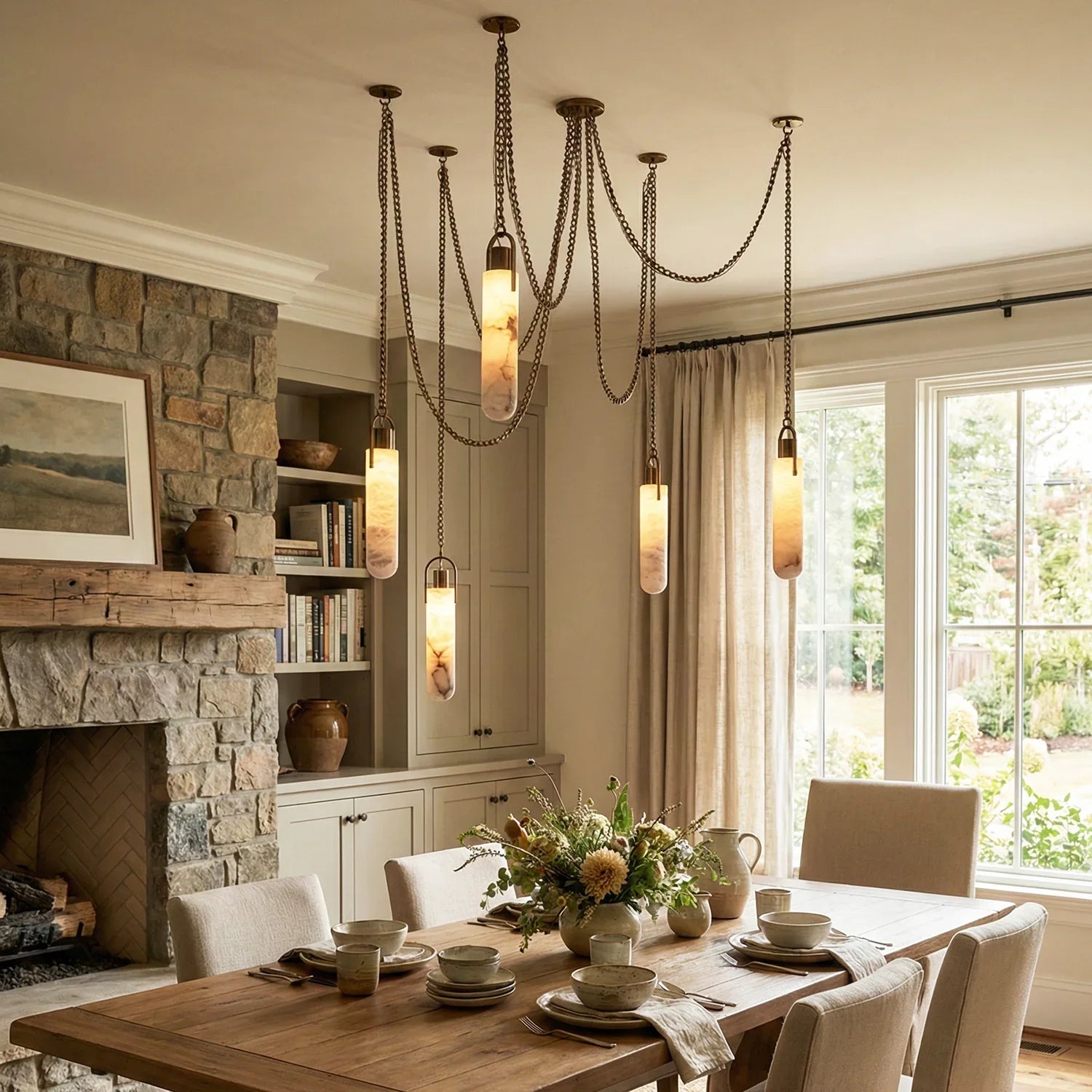 Cylindrical Alabaster Draped Chain Chandelier