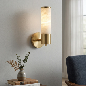 Cylindrical Alabaster Wall Lamp - Natural Veined Stone with Premium Brass Base | HoaiLamp