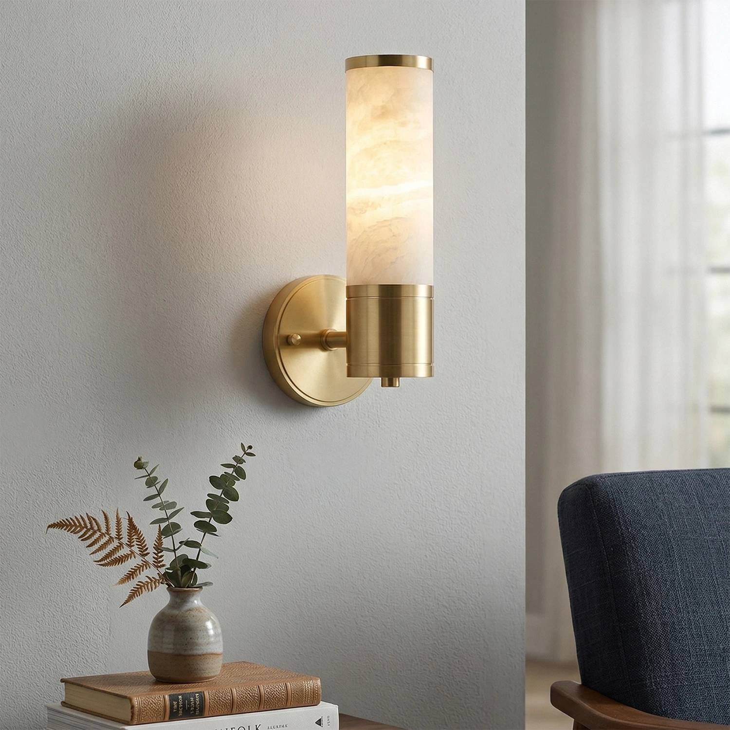 Cylindrical Alabaster Wall Lamp - Natural Veined Stone with Premium Brass Base | HoaiLamp