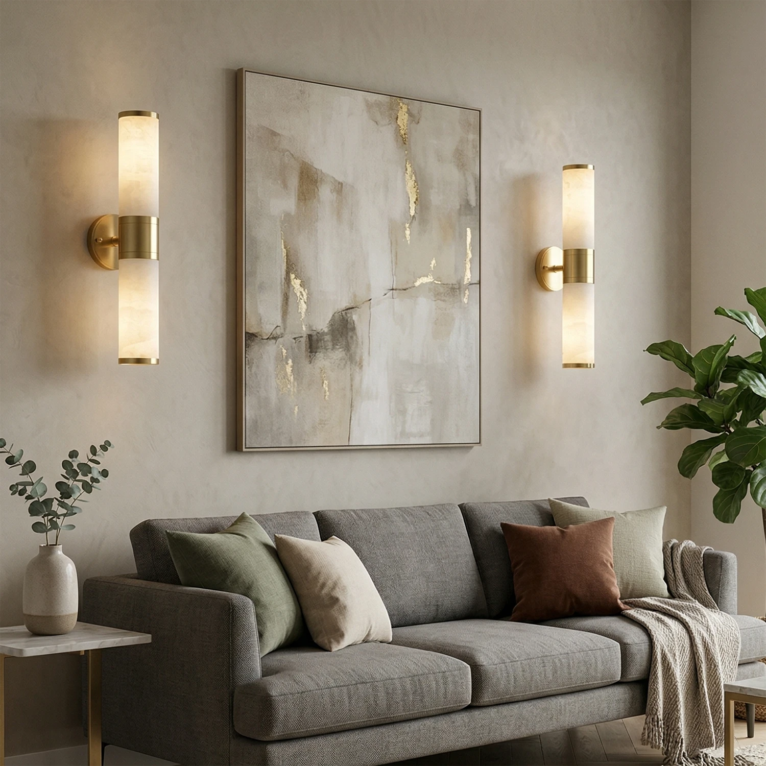 Cylindrical Alabaster Wall Lamp - Symmetrical Living Room Decor with Warm Glow | HoaiLamp