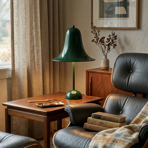 Danish "Bell" Portable Table Lamp - Retro Forest Green Leather Armchair Reading Nook | HoaiLamp