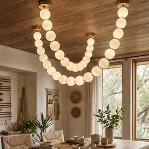 Dazzling Pearl Necklace Chandelier - Traditional Dining Space Wood Slatted Ceiling Double Loop | HoaiLamp