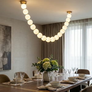 Dazzling Pearl Necklace Chandelier - Elegant Formal Dining Room Long Wood Table Flowers | HoaiLamp