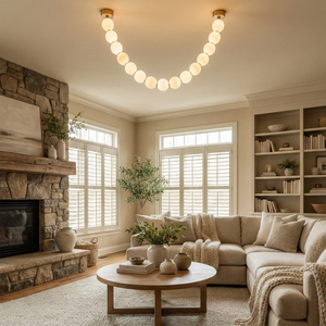 Dazzling Pearl Necklace Chandelier - Cozy Farmhouse Living Room Stone Fireplace Sectional Sofa | HoaiLamp