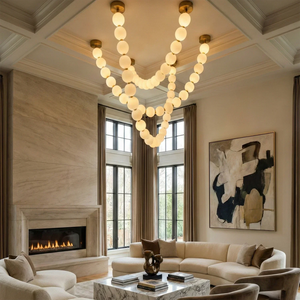 Dazzling Pearl Necklace Chandelier - High Coffered Ceiling Living Room Stone Fireplace Multi Tier | HoaiLamp
