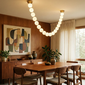 Dazzling Pearl Necklace Chandelier - Mid Century Warm Wood Dining Space Abstract Art Wall | HoaiLamp