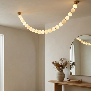 Dazzling Pearl Necklace Chandelier - Minimalist Corner Console Table Round Mirror Dried Florals | HoaiLamp
