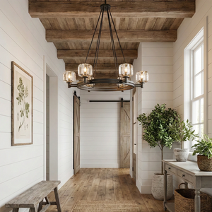 Demare Halo Crystal Ring Chandelier - Long Corridor Exposed Wooden Ceiling Beams | HoaiLamp