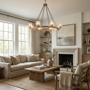 Demare Halo Crystal Ring Chandelier - Cozy Living Room Fireplace Beige Sectional Sofa | HoaiLamp