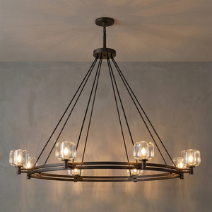 Demare Halo Crystal Ring Chandelier - Studio Grey Background Large Black Fixture Lit | HoaiLamp