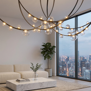 Dew Aura Leather-Strap Glass Pendant - Urban Penthouse Living Room City Skyline View | HoaiLamp