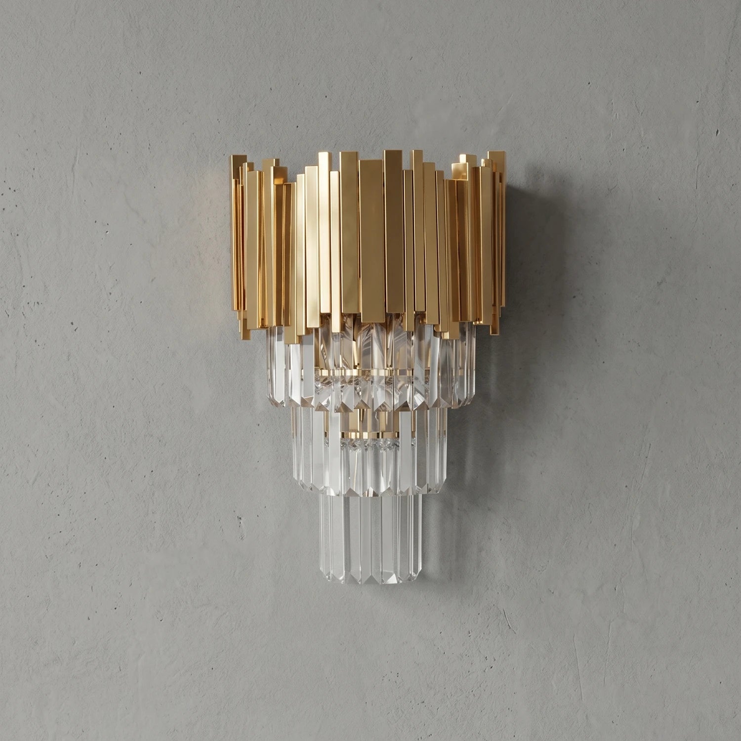 Empire Crystal Wall Lamp - Studio Grey Concrete Backdrop Gold Finish Tiered Crystal Sconce | HoaiLamp