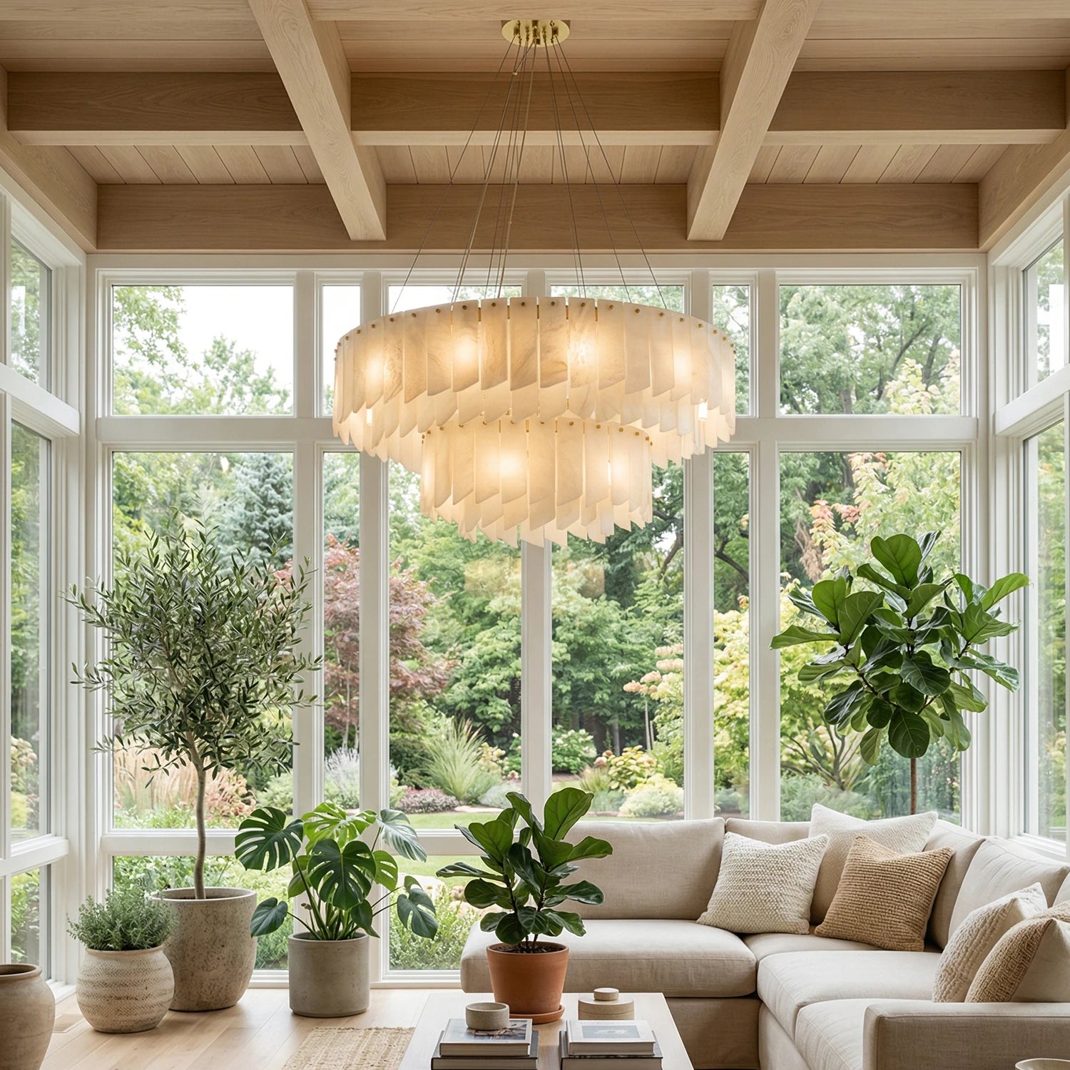 Cascade Alabaster Tiered Brass Chandelier-Sunroom Tiered Grandeur - Luxury Naturalism | HoaiLamp