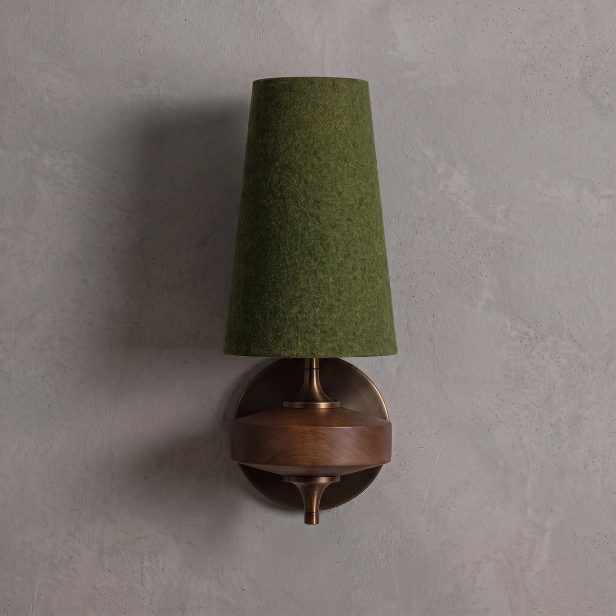 Fuso Walnut Spindle Wall Sconce - Dark Green Fabric Shade Setting | HoaiLamp