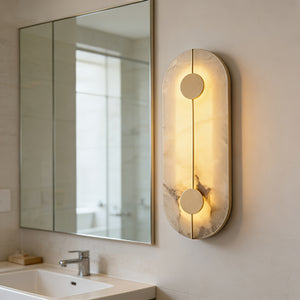 Geometric Capsule Natural Alabaster Wall Sconce - Elegant Marble Powder Room Light | HoaiLamp
