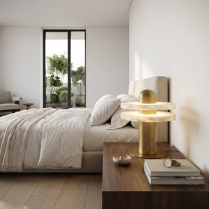 Geometric Layered Table Lamp - Brass Double Disk Modern Minimalist Bedroom Bedside | HoaiLamp