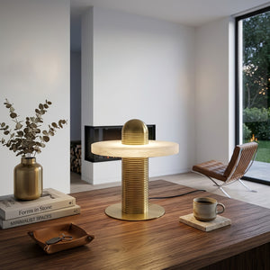 Geometric Layered Table Lamp - Warm Walnut Coffee Table Lounge Chair Fireside Vibe | HoaiLamp