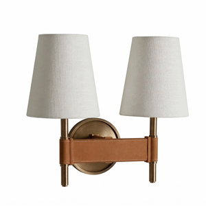 Hastings Leather Wall Lamp - Double Head Fabric Shade Isolated Studio Product SKU | HoaiLamp