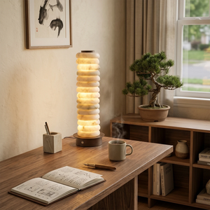 Multi-Tiered Alabaster Table Lamp - Minimalist Work Space Wooden Desk Notebook Potted Plant | HoaiLamp