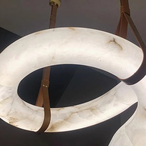Infinity Hanging Light - Close Up Low Angle Glowing Alabaster Ring Leather Straps | HoaiLamp