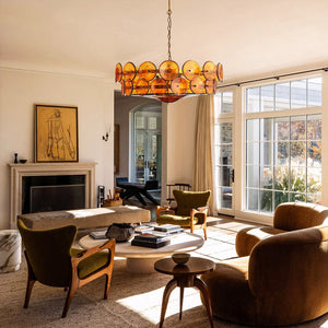 Italian Murano Style Glass Disc Chandelier - Bright Sunlit Sitting Room Fireplace Vintage Chairs Amber | HoaiLamp