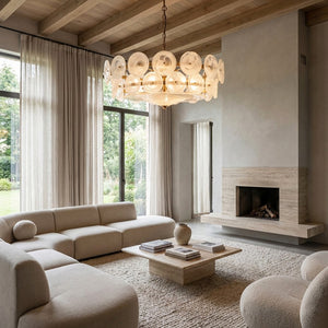 Italian Murano Style Glass Disc Chandelier - Bright White Sitting Room Vaulted Ceiling Beams Fireplace White | HoaiLamp