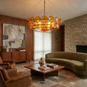 Italian Murano Style Glass Disc Chandelier - Contemporary Living Room Wood Paneling Green Sofa Amber | HoaiLamp