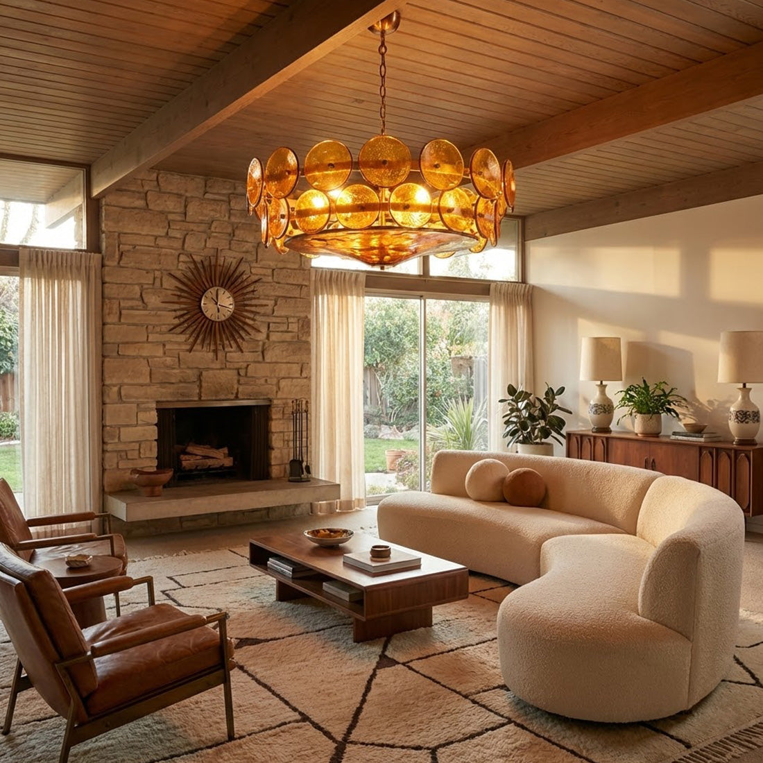 Italian Murano Style Glass Disc Chandelier - Mid Century Living Room Stone Fireplace Curved Sofa Amber | HoaiLamp