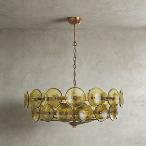 Italian Murano Style Glass Disc Chandelier - Studio Grey Background Lit Olive Green | HoaiLamp