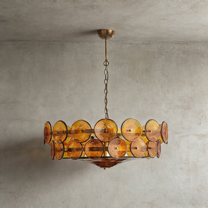 Italian Murano Style Glass Disc Chandelier - Studio Grey Background Warm Glow Amber Glass | HoaiLamp