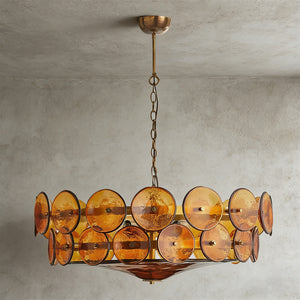 Italian Murano Style Glass Disc Chandelier - Studio Grey Background Warm Glow Amber | HoaiLamp