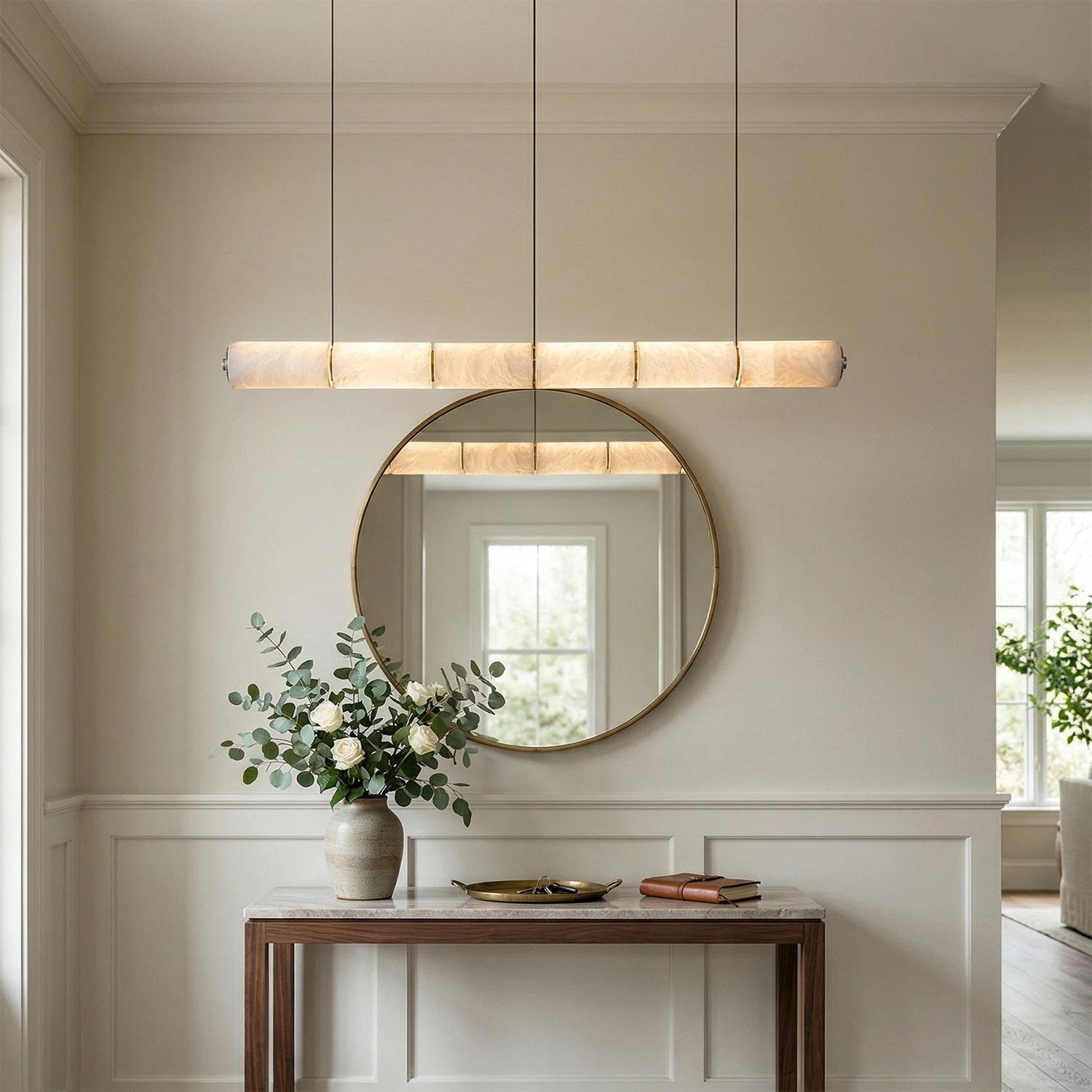Linear Alabaster LED Chandelier - Elegant Foyer Console & Mirror Accent | HoaiLamp
